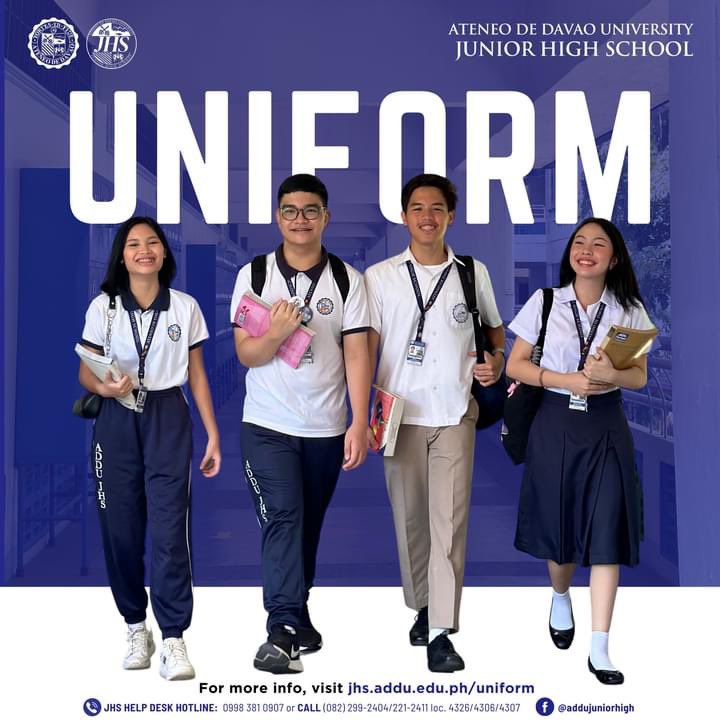 AdDU_JHS's tweet photo. UNIFORM | Presenting the ADDUJHS PRESCRIBED SCHOOL UNIFORM For SY 2023-2024. See posters for more info. Feel free to share. Full info is available at https://t.co/x15NbXX3Yc 💙

Enrollment is ongoing. For more info, visit https://t.co/dvU42tuKCL

#aimhighataddujuniorhigh https://t.co/e67g0WoMJJ