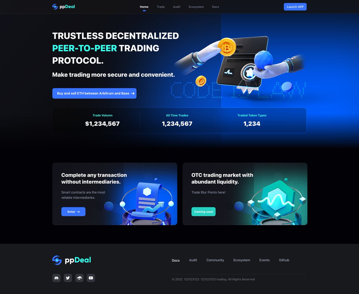 ppDeal_Protocol's tweet photo. Our official website is now online!
https://t.co/Y8ZSY1EWVF

#PPDeal is an over-the-counter trading platform that doesn't require intermediaries, secured by smart contracts.

The contract is currently being deployed, please stay tuned!

#BuildOnBase #BaseChain #Coinbase https://t.co/XpyUpicXw8
