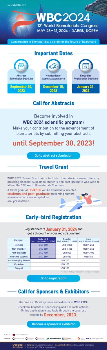 Abstract Submission & Travel Grant Application are ON-GOING!  

◆ Call for Abstracts: wbc2024.com/index.php?GP=p…
◆ Online Registration: wbc2024.com/index.php?GP=r…

#WBC2024 #KSBM #IUSBSE #Biomaterials #callforabstract #Registration #Daegu #Korea