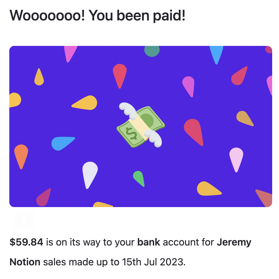 JeremyNotion's tweet photo. Celebrating an eventful month filled with small wins! 🎉   Grateful for everyone's incredible support!🤝

Surpassed 1500 sales and hit $100 USD in revenue! Also received my first ever payout from @lemonsqueezy! 

Onwards and upwards! 🚀#SmallWins #Achievements #Gratitude #Notion https://t.co/VPsFU2QSdR