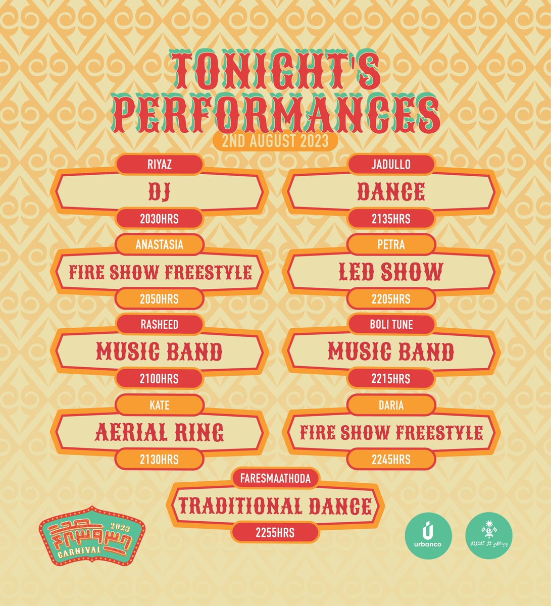 Check out the electrifying line-up for tonight's performances at the #MinivanUfaaCarnival! Are you ready to be thrilled and entertained? 🎉🎪

#WithUrbanco 
#MyHulhumalé 
#MyHulhumaléEvents