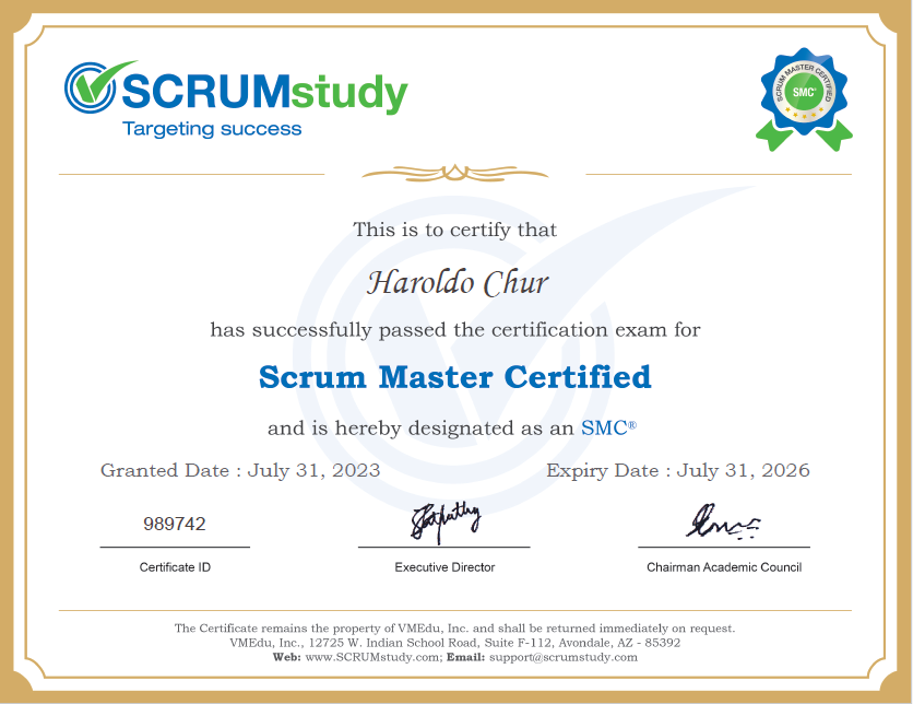 SCRUMstudy_'s tweet photo. Congratulations, Haroldo Chur!
May you have continuing successes that bring prosperity and happy things to share!
We @SCRUMstudy_ are proud to have you as our student.
_________________
#SCRUMstudy #learnscrum #scrum https://t.co/6fNn2u0vR1