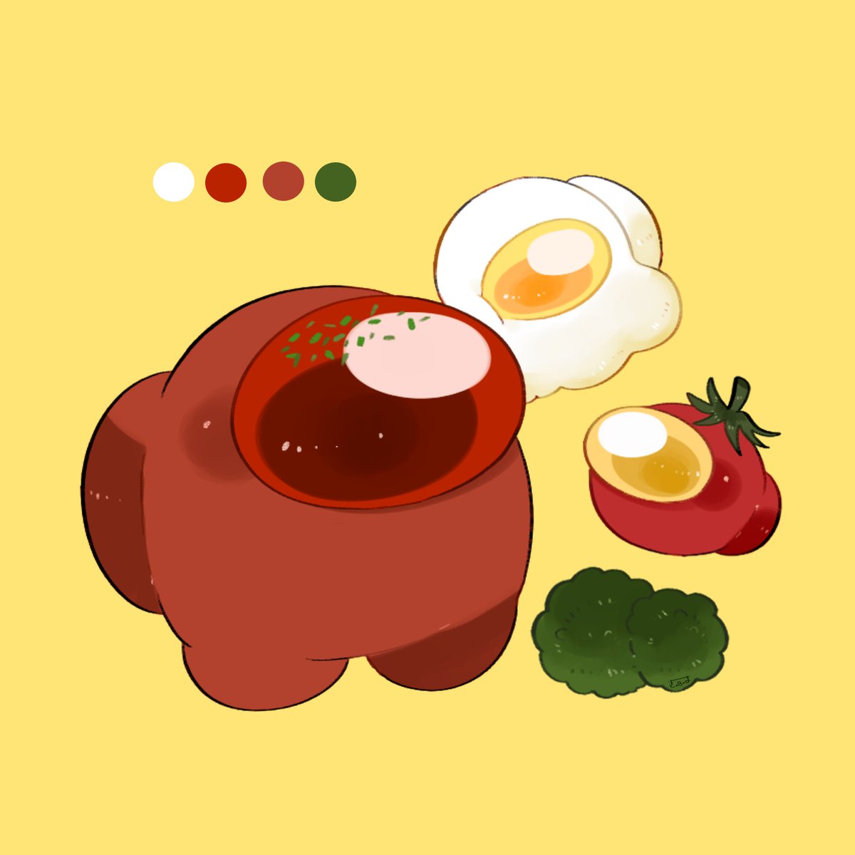 crewmate (among us) tomato egg (food) food fried egg simple background no humans yellow background  illustration images