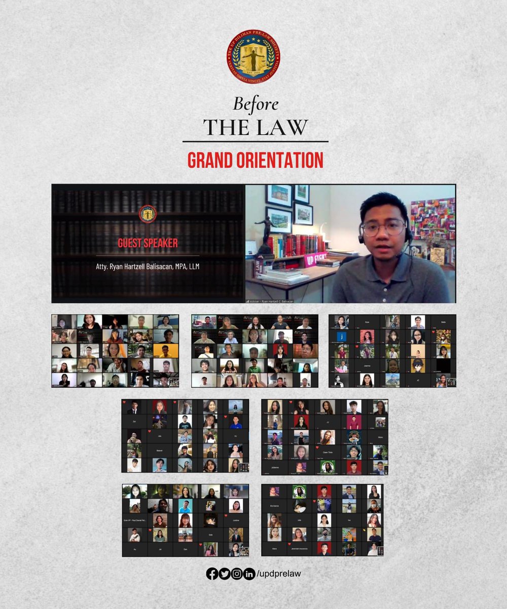 updprelaw's tweet photo. Before The Law: The UP Diliman Pre-Law Society Grand Orientation

Last April 10, the UP Diliman Pre-Law Society had its Grand Orientation via Zoom for interested applicants, where close to 200 Iskos and Iskas joined. https://t.co/LK77jDJINT