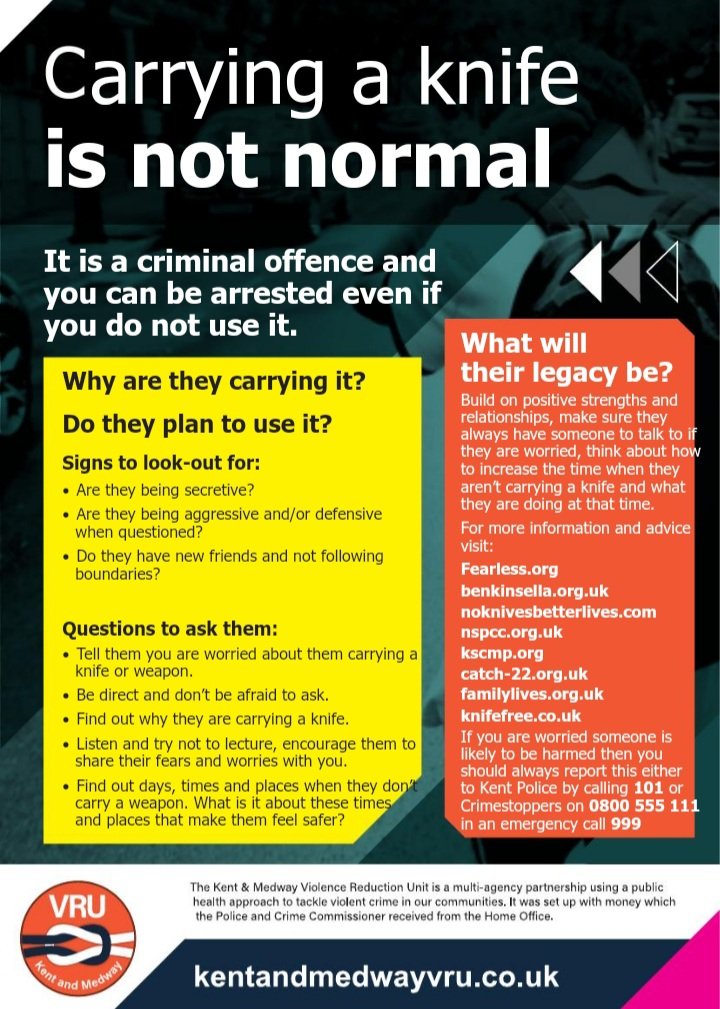 Kent & Medway Violence Reduction Unit (VRU) (@kentvru) on Twitter photo If you suspect someone is carrying a knife, talk about it. #knifefree #beknifefree #saferstreets #engagement #education #legacy you can also report your concerns <a href="/FearlessORG/">fearless.org</a> or get further information and advice on how to support <a href="/kinsellatrust/">The Ben Kinsella Trust</a> <a href="/Catch22/">Catch22</a> If you suspect someone is carrying a knife, talk about it. #knifefree #beknifefree #saferstreets #engagement #education #legacy you can also report your concerns <a href="/FearlessORG/">fearless.org</a> or get further information and advice on how to support <a href="/kinsellatrust/">The Ben Kinsella Trust</a> <a href="/Catch22/">Catch22</a>