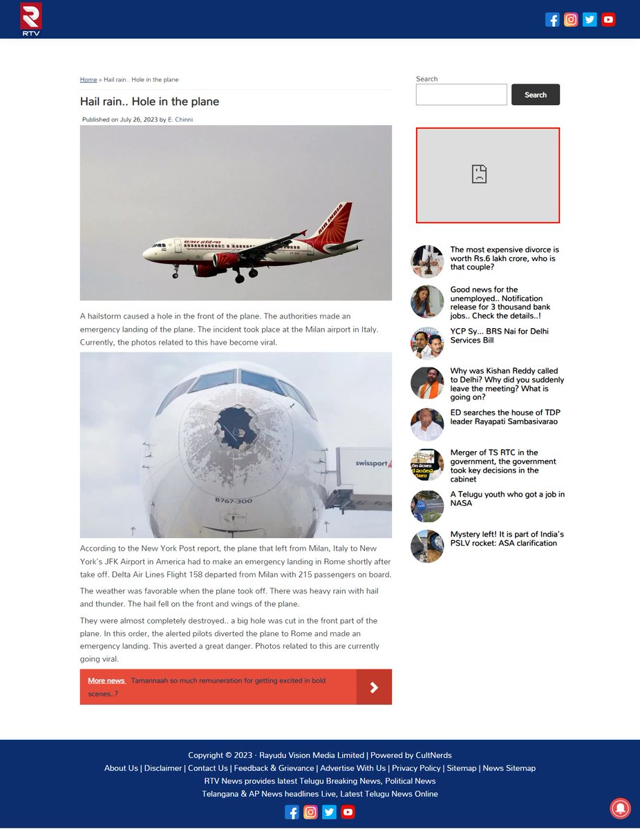 @airindia you should file a case against this news website fr misleadng post wth airindia flight picture to attract readers to a damaged flight article, potentially harming Air India's reputation #MisleadingContent #AirIndia 

rtvlive.com/new-york-bound…