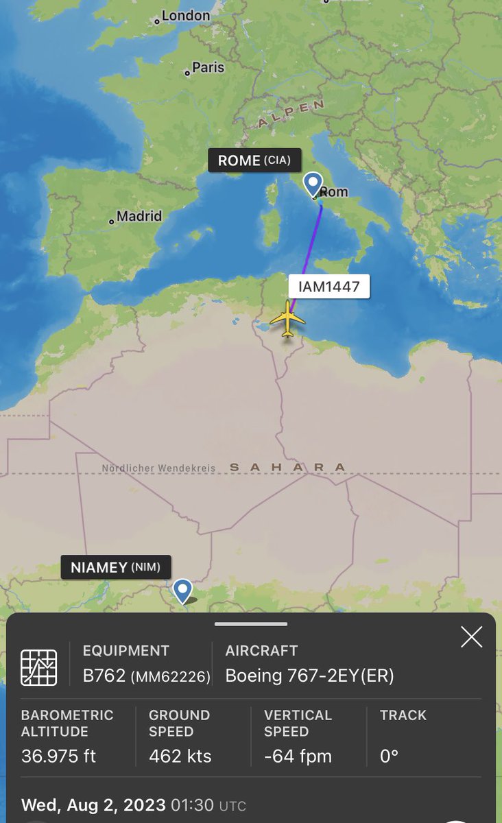 fabsenbln's tweet photo. #Niger🇳🇪 - Italy🇮🇹 evacuated their nationals and citizens of other nationalities out of Niger and flew them to Rome last night. A Boeing 767-2EY(ER) (reg. MM62226 | 33FE7A) of the 🇮🇹Air Force was used. #IAM1447 https://t.co/AQFGz2aNse