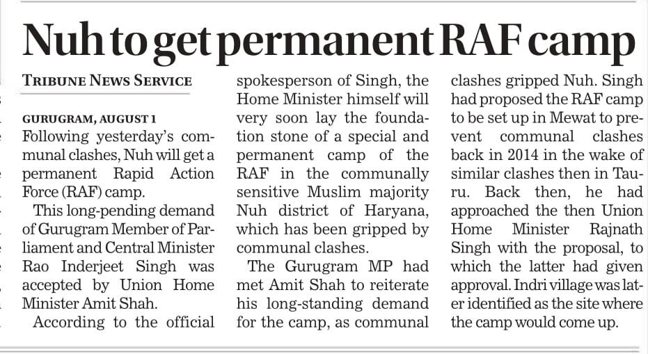 What happened in #Nuh is not random but the region has always been volatile MP @Rao_InderjitS has since a decade been demanding permanent positioning of Rapid Action Force in Nuh and has finally got a nod from @AmitShah #Haryanaviolance #NuhClashes #Gurugram