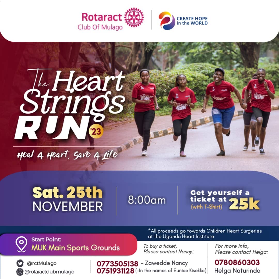 Rotaract_TV's tweet photo. This November 25th Join the @RotaractMulago yet again for their Annual Heartstrings Run Fundraiser
Makerere University Main Grounds
25K (Comes with a T-shirt)
#RotaractTvUpdates
#RotaryNews
#RotaractNews
#Creatinghopeintheworld
#Rotarytotheworld https://t.co/larYhZ8ol5