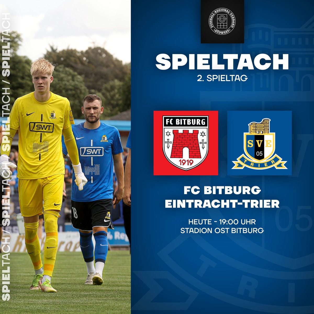Heute gastieren wir am 2. Spieltag der Oberliga RLPS beim FC Bitburg im Stadion Ost. ⚽️🇪🇪

🗓️ Mi., 02.08.
⏰ 19:00 Uhr
🆚 FC Bitburg
🏟️ Stadion Ost Bitburg
🎟️ Ausverkauft

🔵⚫️⚪️
#eintrachttrier 
#portaaufderbrust 
#blauschwarzundweiß 
#mirsenndaobei 

📸: Sebastian Schwarz