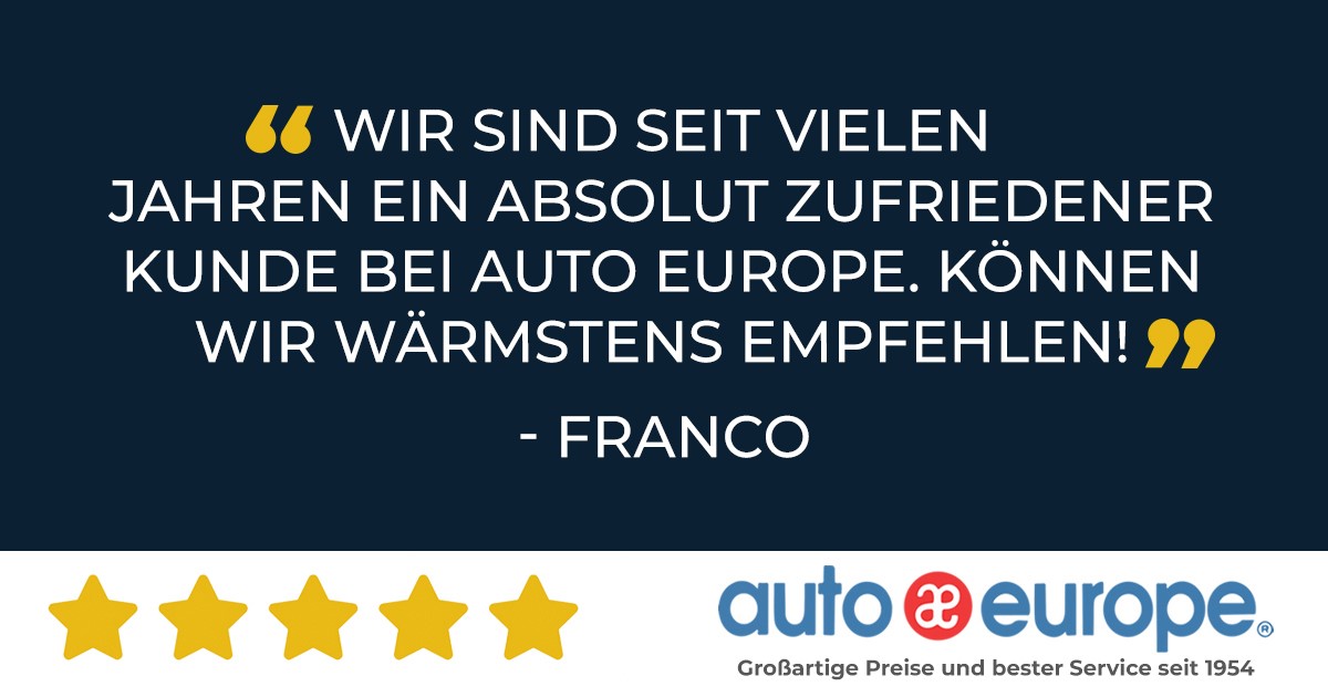 AutoEurope_DE's tweet photo. Du suchst einen günstigen Mietwagen? Dann mache es wie Franco und viele andere treue Kunden von Auto Europe: Vertraue auf unsere Expertise in der Leihwagenbranche. Seit 1954 vermittelt Auto Europe Mietfahrzeuge, an mittlerweile 24.000 Standorten weltweit. Überzeuge Dich selbst! https://t.co/VtKCKTWZxB
