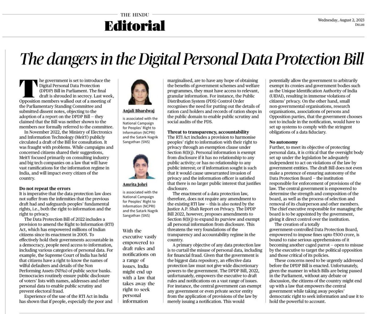 AnjaliB_'s tweet image. Read about dangers of the #DataProtection Bill, which weakens peoples’ Right to Information by:
-amending RTI Act 
-giving arbitrary powers to central govt to decide who can process personal data 
-setting up a sarkari Data Protection Board empowered to levy fines upto 500 crore