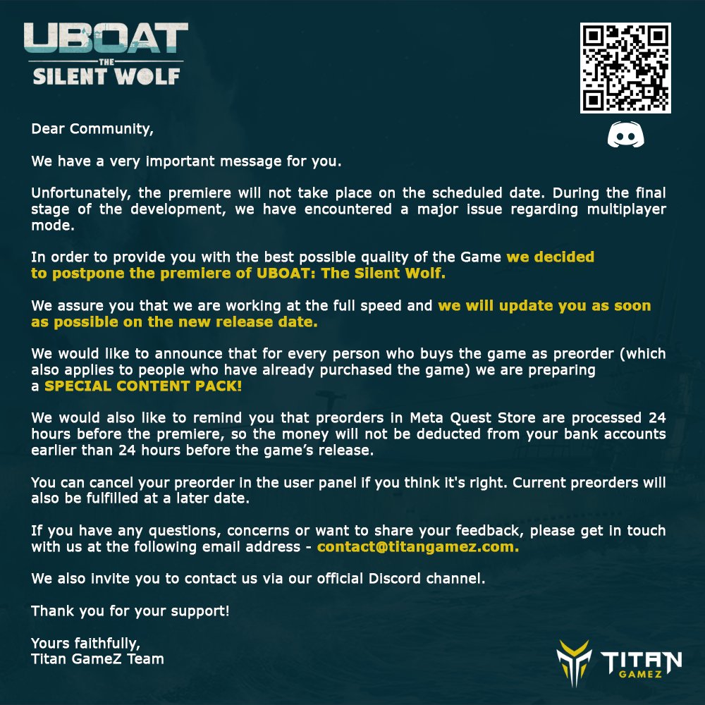 TitanGameZ_'s tweet photo. Dear Community,  

We regret to inform you that the release of UBOAT: The Silent Wolf will be postponed. For further information, please refer to our official statement 👇 https://t.co/0tzyLhFrbE