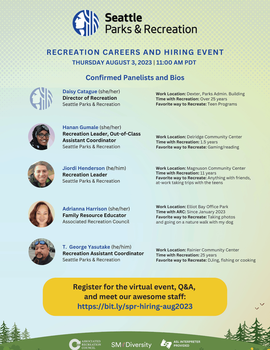 SMDiversity's tweet photo. It's not too late to register for @seattleparks virtual hiring event this Thursday, August 3rd at 11am!
✅ RSVP TODAY: https://t.co/8Jlfu2TEts
Check out the amazing lineup of panelists and the featured jobs below.
#SeattleJobs #SeattleParks #SeattleCity #DiversityandInclusion https://t.co/tDIskTIqQE