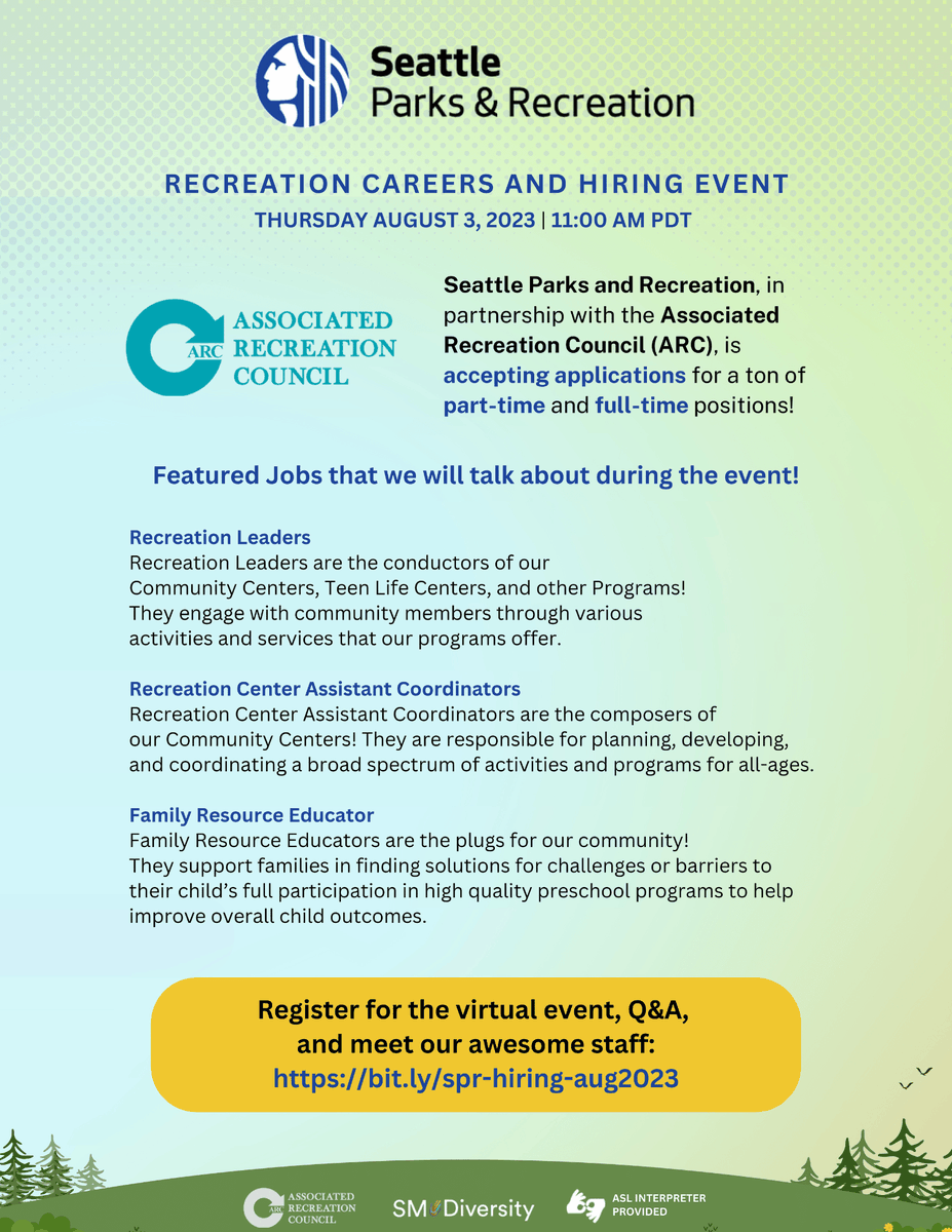 SMDiversity's tweet photo. It's not too late to register for @seattleparks virtual hiring event this Thursday, August 3rd at 11am!
✅ RSVP TODAY: https://t.co/8Jlfu2TEts
Check out the amazing lineup of panelists and the featured jobs below.
#SeattleJobs #SeattleParks #SeattleCity #DiversityandInclusion https://t.co/tDIskTIqQE