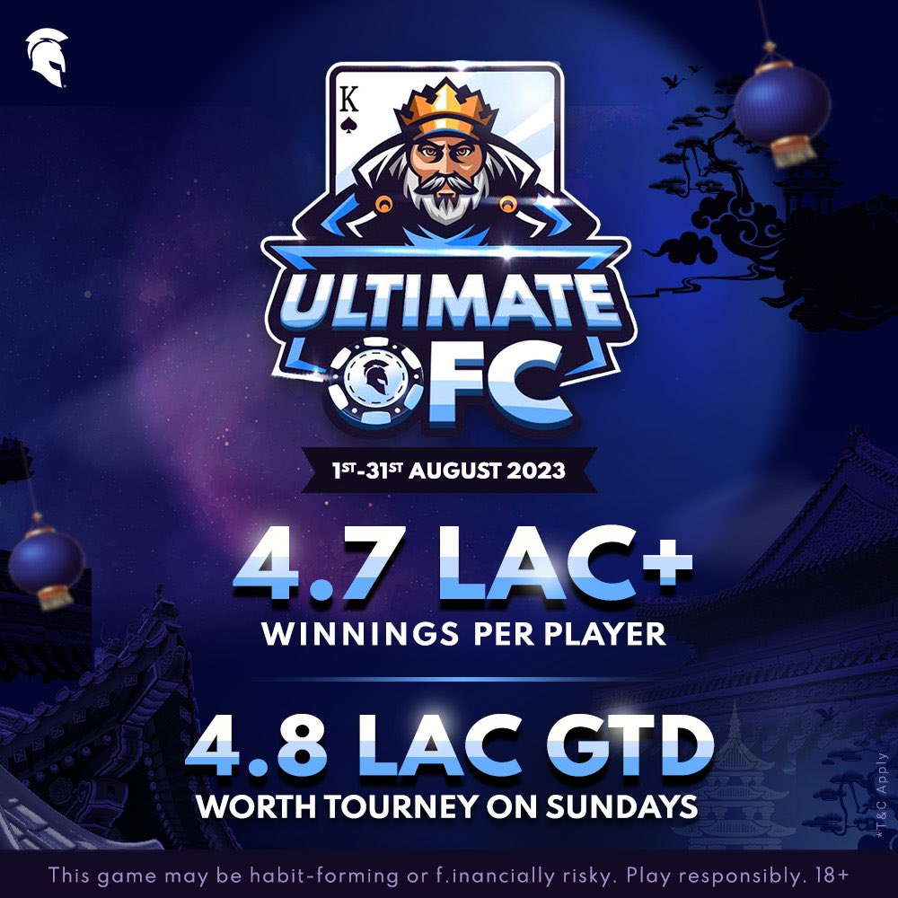Presenting more winnings this August 💸💸💸

🤑 Play 𝙐𝙡𝙩𝙞𝙢𝙖𝙩𝙚 𝙊𝙁𝘾 on #SpartanPoker to win 50% rakeback &amp; tickets to Sunday tourneys worth 4.8 Lac GTD 🎟️

Know more 👉🏻 spartanpoker.com/-ultimate-ofc

#UltimateOFC #Poker #OFC