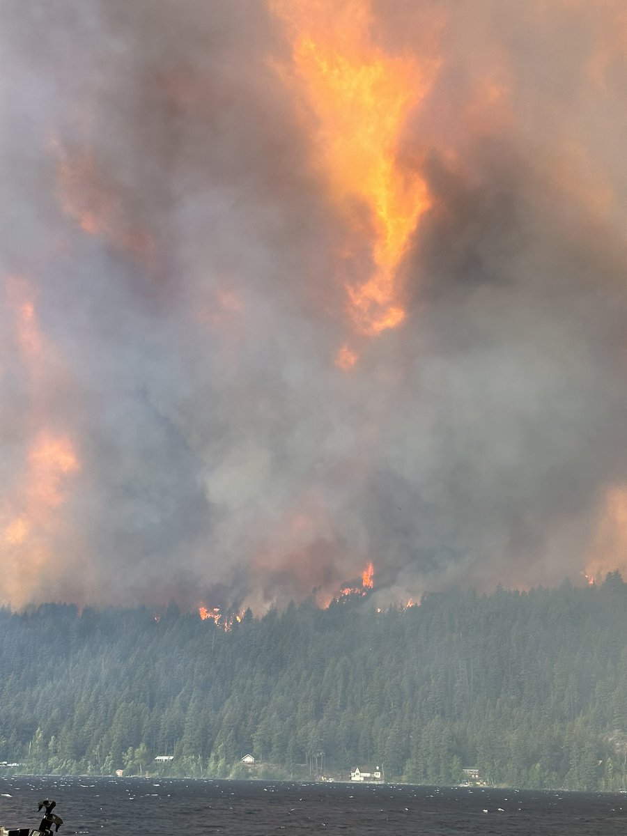 Gun Lake, BC this afternoon as a firestorm, high winds and bone dry woods burned furiously. Many family cabins burnt.  The entire lake evacuated.  For residents on the North side, in the Nick of time as the fire expanded very fast.  #wildfires  #GunLake
