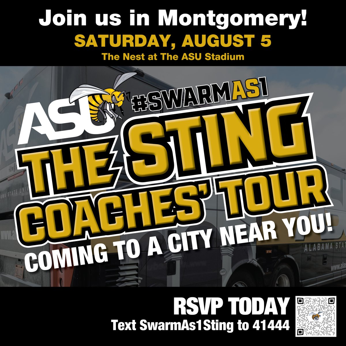 BamaStateSports's tweet photo. Montgomery Hornets today is the last day to sign up for the Sting Coaches' Tour?
Sign up now! ⤵️
🔗https://t.co/TpYwVCvENO
If you are not able to make it you can still donate to the ASU Hornet Club with the link above
#SWARMAS1 | #IAMSWAC https://t.co/RtmX6w4T2E