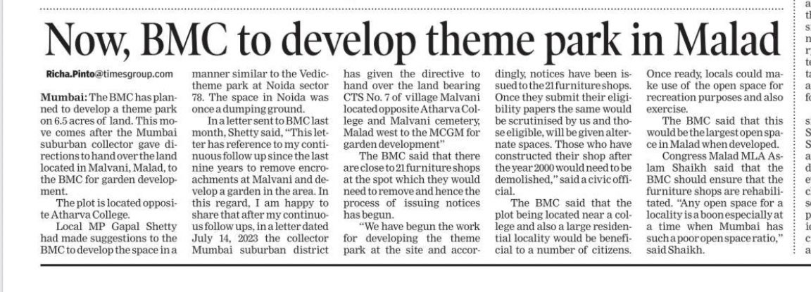 A 6.5 acre theme park planned in #Malad.: After the Collector office recently handed over a land measuring 6.5 acres in Malvani, Malad to the BMC for garden development, the BMC has planned to develop a #theme park over it. m.timesofindia.com/city/mumbai/no…