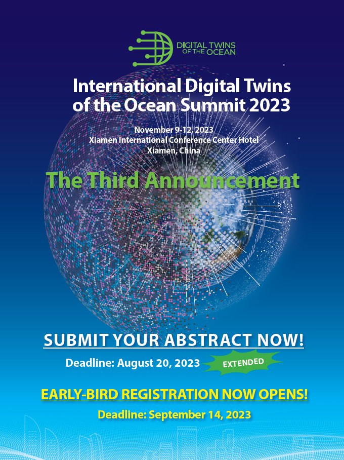 Abstract submission for the International Digital Twins of the Ocean Summit 2023 has been extended to 20 August: ditto-summit2023.scimeeting.cn/en/web/index/1… Early bird registration is now open: ditto-summit2023.scimeeting.cn/en/user/login/… Call for Satellite events: ditto.geomar.de @TwinDitto