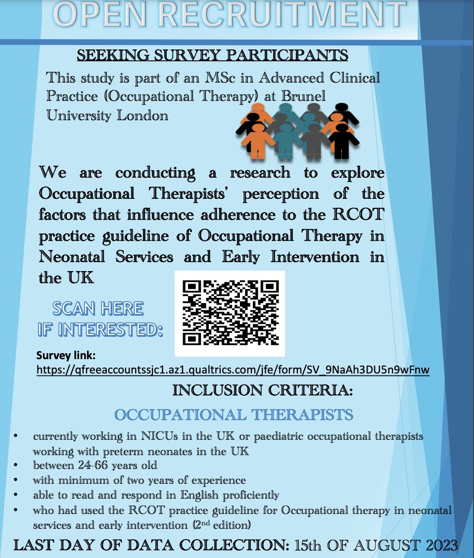 RCOT_CYPF's tweet photo. 📢 Calling all Occupational Therapists working in NICU and Paediatric Occupational Therapists working with preterm neonates in the UK! 

📚 Participate in our study and contribute to research in our field! 

🤝 #NICUOTs #PretermNeonates #ResearchStudy #OT2023”

ENDS: 15TH AUGUST https://t.co/bRIURv4bSb
