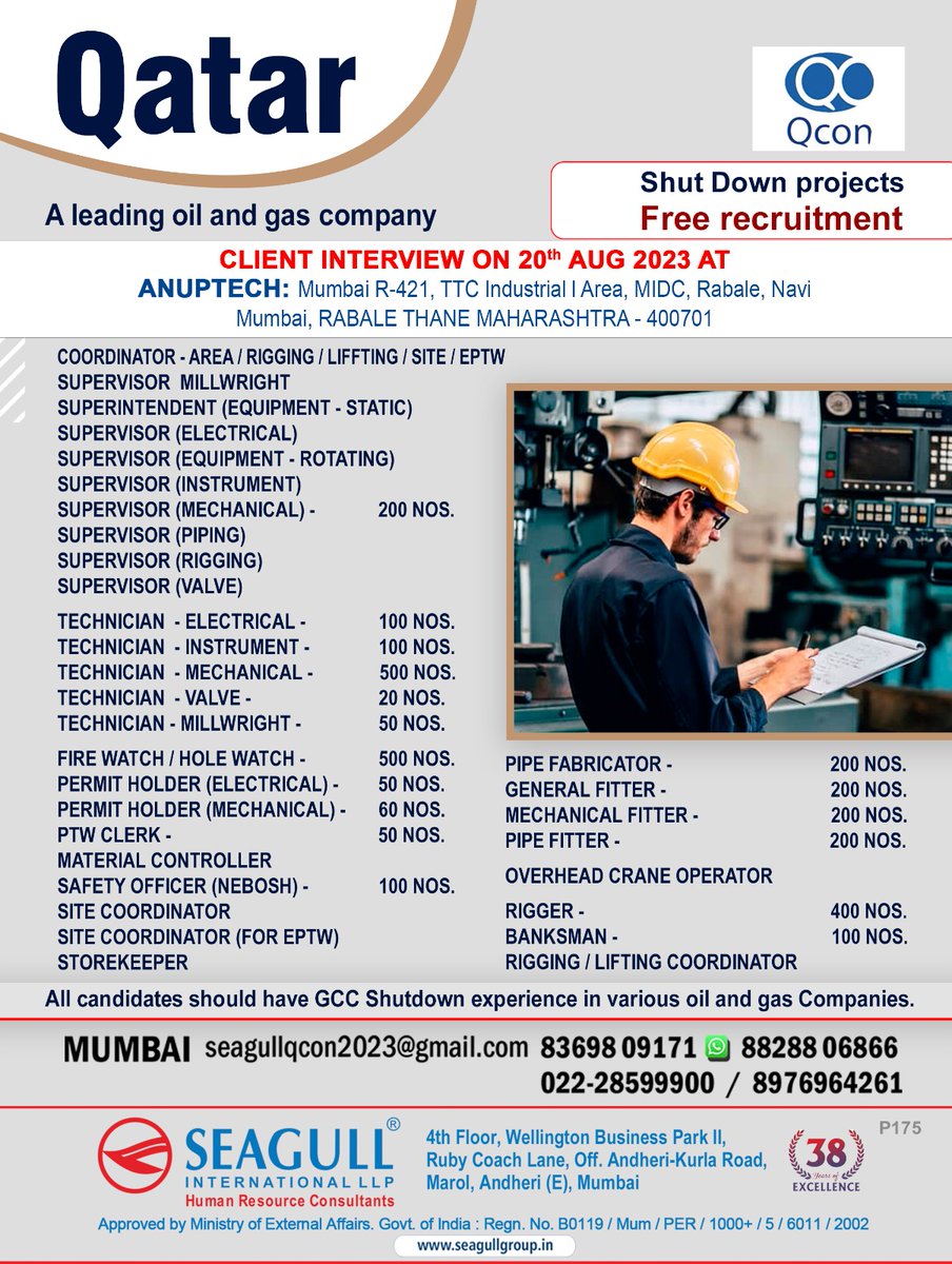 hrd1_seagull's tweet photo. QATAR JOBS
FREE RECRUITMENT
SHUT DOWN PROJECT
CLIENT INTERVIEW ON 20th AUGUST 2023 AT ANUPTECH
.
.
.
#qatarjobs #mumbaijobs #areacoordinators #supervisors #technicians #permitholders #materialcontrollers #sitecoordinators #pipefabricator #pipefitter #rigger #banksman https://t.co/00HLwt3oMd