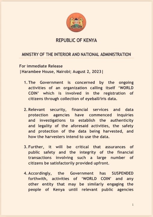 MwangoCapital's tweet photo. The government has suspended the activities of Worldcoin in Kenya until relevant agencies in Kenya establish their are no risks to the general public: https://t.co/FuPhNtw2Ht