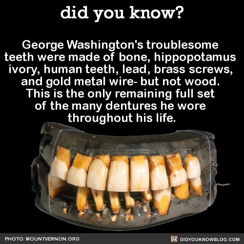Heindsight's tweet image. At the age of 57, George Washington had all of his remaining teeth pulled and received the first of several complete sets of false teeth to alleviate his constant ailments resulting from recurring infections. 🦷🪥🦷