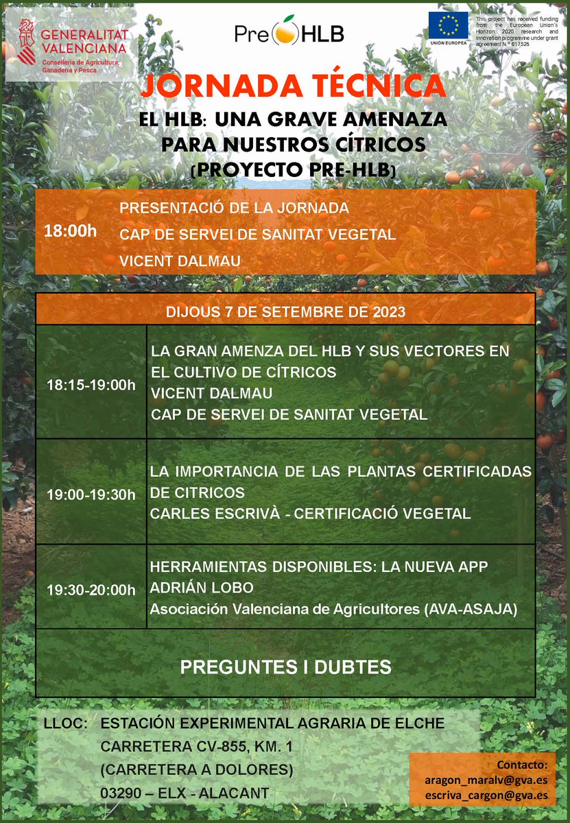 PreHLB's tweet photo. 📅 Save the Date! 🍊 Join us for presential Technical Workshops on "HLB: A serious threat to our citrus fruit" 🍋

📍 Silla: Sept 5
📍 Elx, Alacant: Sept 7
📍 Almassora: Sept 12

📢 Contact us for more info:
#CitrusWorkshops #HLBawareness #SaveOurFruit https://t.co/I8vaucpqlr