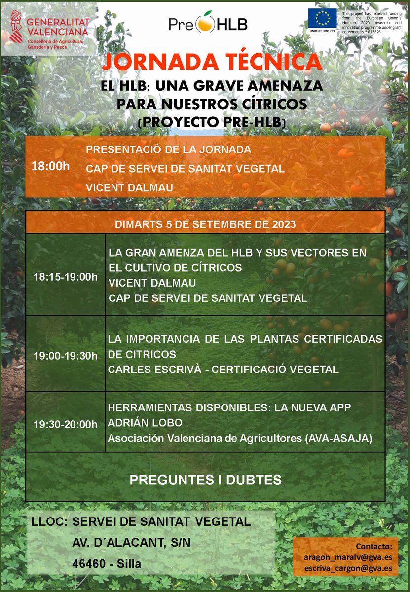 PreHLB's tweet photo. 📅 Save the Date! 🍊 Join us for presential Technical Workshops on "HLB: A serious threat to our citrus fruit" 🍋

📍 Silla: Sept 5
📍 Elx, Alacant: Sept 7
📍 Almassora: Sept 12

📢 Contact us for more info:
#CitrusWorkshops #HLBawareness #SaveOurFruit https://t.co/I8vaucpqlr