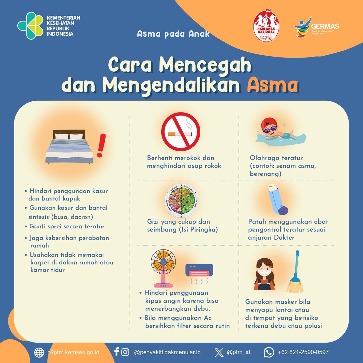 Bagaimana cara mencegah dan mengendalikan Asma pada Anak?
.
#CERDIK #CegahPTM #DukungGERMAS
#Asma #AsmapadaAnak #BeraniKarenaPeduli #HariAnakNasional
