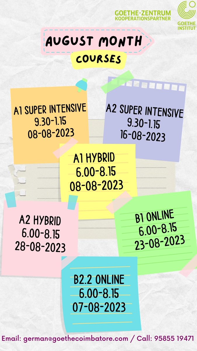 August Month courses
.
.
.
.
#goetheinstitut, #goethezentrum, #goethezentrumcoimbatore, #learngermanincoimbatore, #learngermanintamilnadu, #learngermaninkerala, #learngermaninkochi, #learngermanintrivandrum, #germanteacher #germanteachertraining, #germantraining