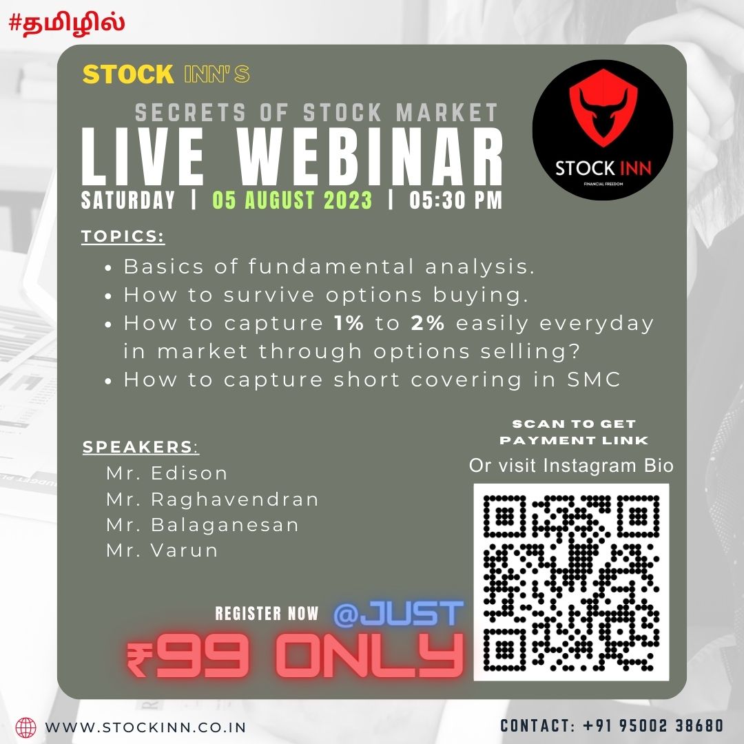 _stockinn_'s tweet photo. Greetings from STOCK INN, we are conducting online webinar on Aug 05. We are relieving the secrets of stock markets. And we are covering below topics as well with more clarity.  

Call us for more details: +91 95002 38680 
payment link: https://t.co/TMU4GXhxia #tamiltrading https://t.co/qlkZYZqXOE