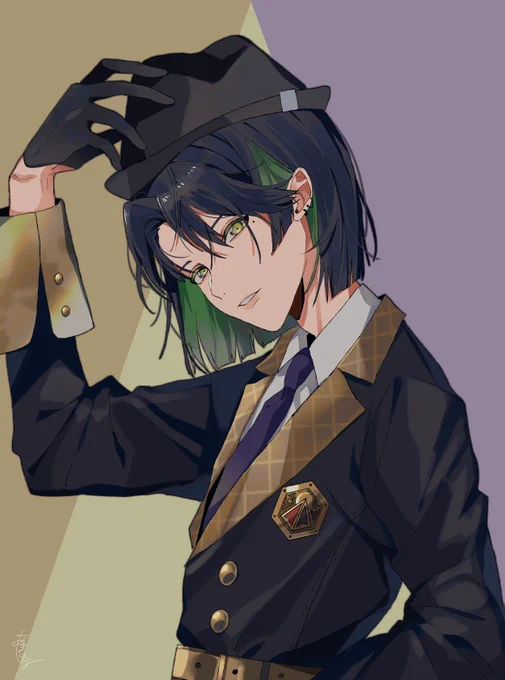 「ハット帽をかぶるおかっぱのお兄さん。」