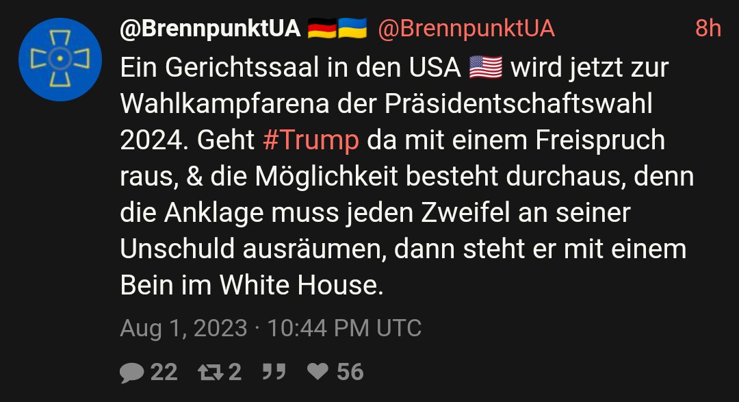 NennpunktUA's tweet photo. Bei Rechtsaussen #BrennpunktUA dreht sich gerade wieder alles um #Trump. Einerseits wirken die heutigen Tweets oberflächlich betrachtet kritisch, anderseits scheint er suggerieren zu wollen, die Anklage sei kontraproduktiv. Und wer hatte als #patriot_singles ein Trump-#Fanshirt⁉️ https://t.co/Qi9xO52EBu