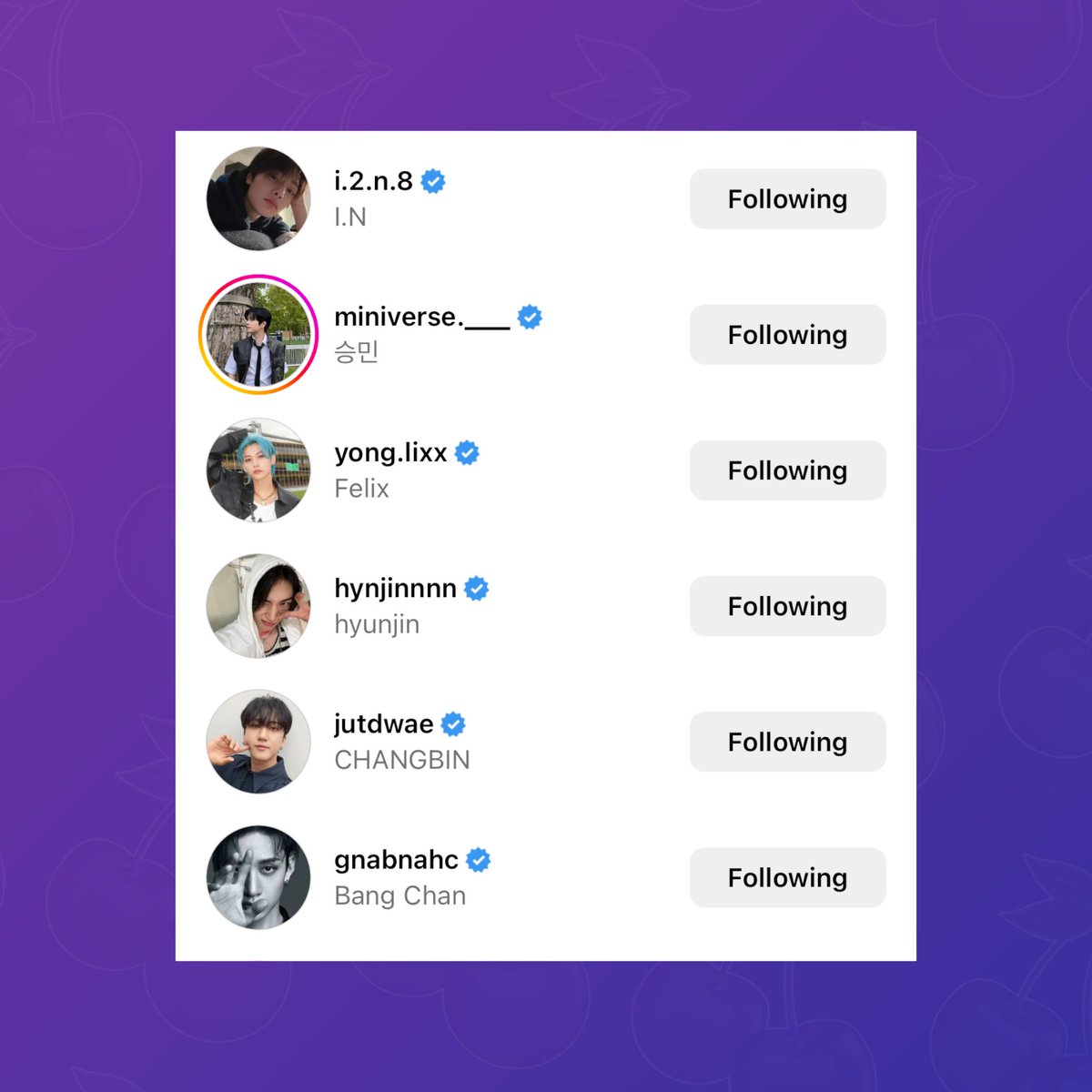 Stray Kids members I.N, Seungmin, Felix, Hyunjin, Changbin and Bang Chan have all opened personal Instagram accounts.