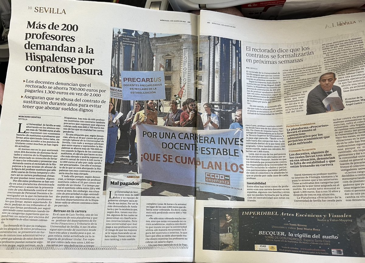 platprecarius's tweet photo. 🔥 PRECARIUS, la plataforma de profesores precarizados por la #universidaddesevilla, en portada del @abcdesevilla: https://t.co/n52fcI0gg1
