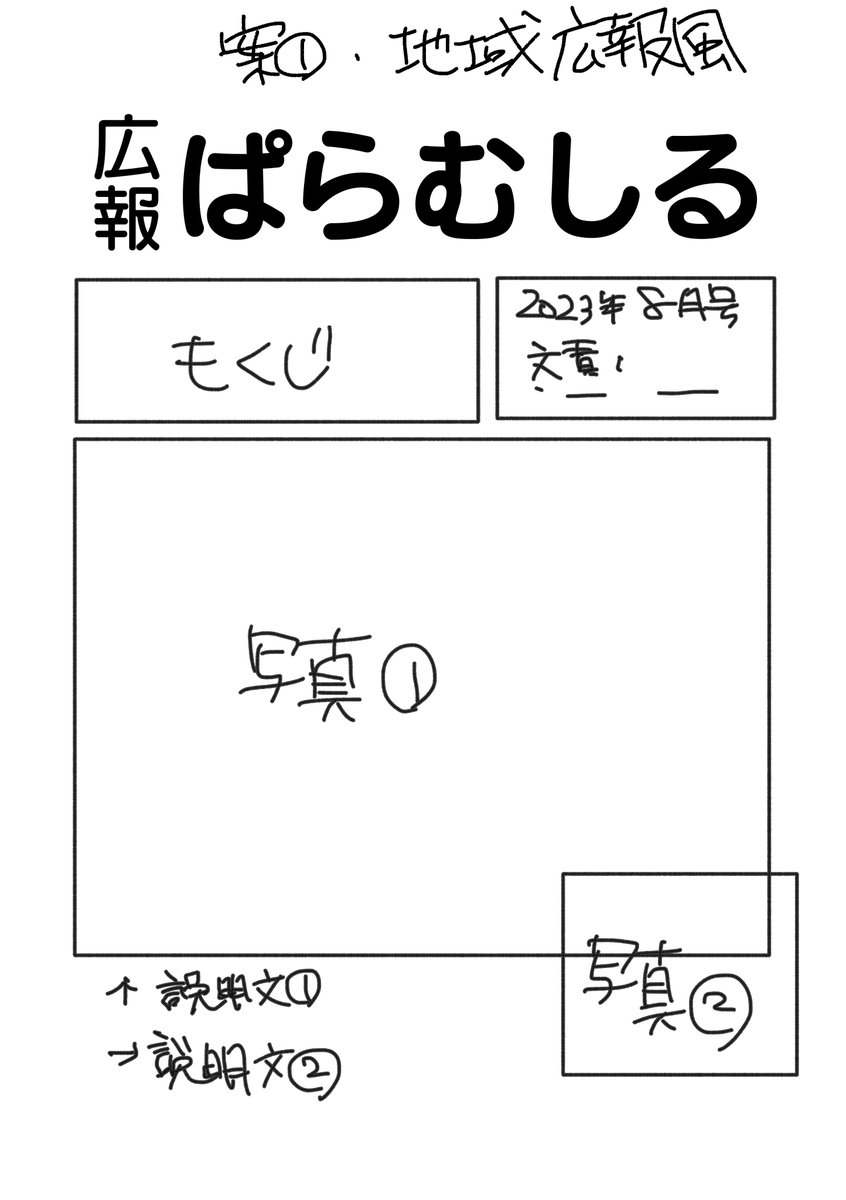 「幌筵泊地紹介」というテーマでどんなものができるかと手を動かした結果がこれである ①広報ぱらむしる(ページ数がないと広報っぽくない) ②がっこうしんぶん(なぞの4コマが描けるかが問題)