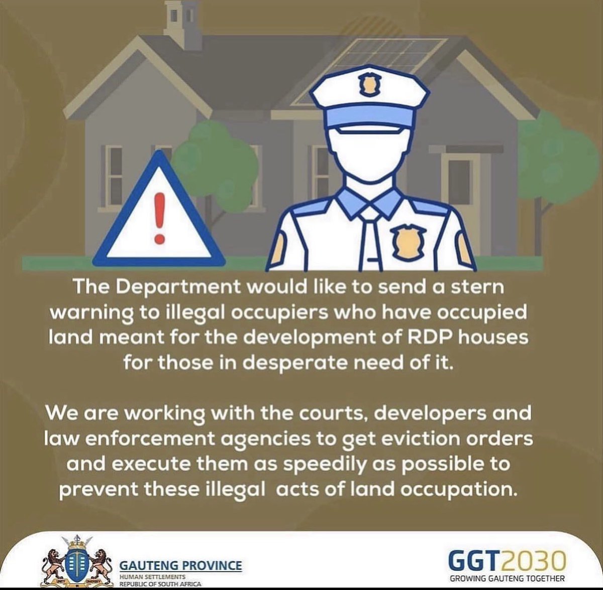 GP_DHS's tweet photo. Government calls on communities to report any illegal invasions to local authorities. To report invasions, email: EthicsDHS@Gauteng.gov.za or call the Gauteng Hotline on 0860 428 8364
#LandInvasions #GrowingGautengTogether https://t.co/65nR1InXgp