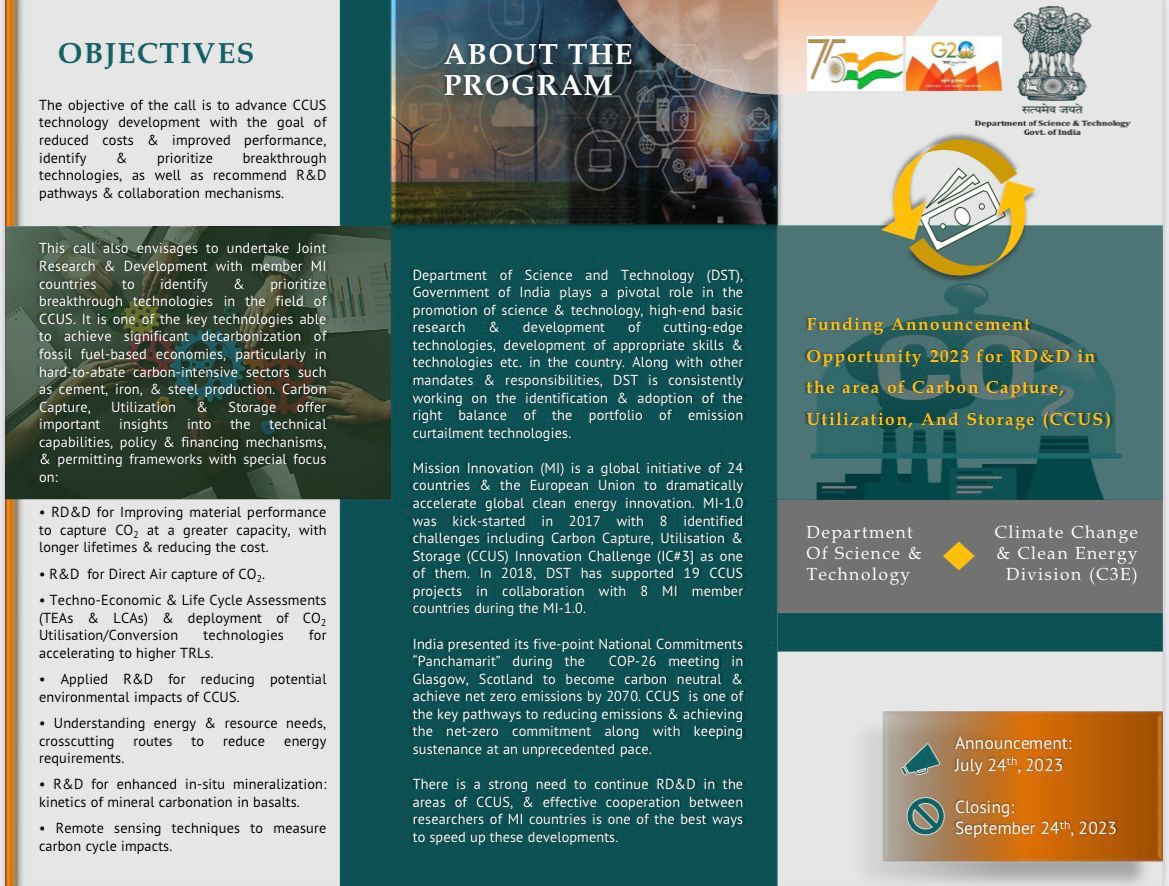 IndiaDST's tweet photo. 📢 @IndiaDST invites Research Development &amp; Demonstration #proposals in the area of Carbon Capture, Utilization &amp; Storage in collaboration with #MissionInnovation member states.

🔹 Apply by Sept. 24, 2023

🔗Details - https://t.co/sQTI3C089g https://t.co/cV3DVmK1hb