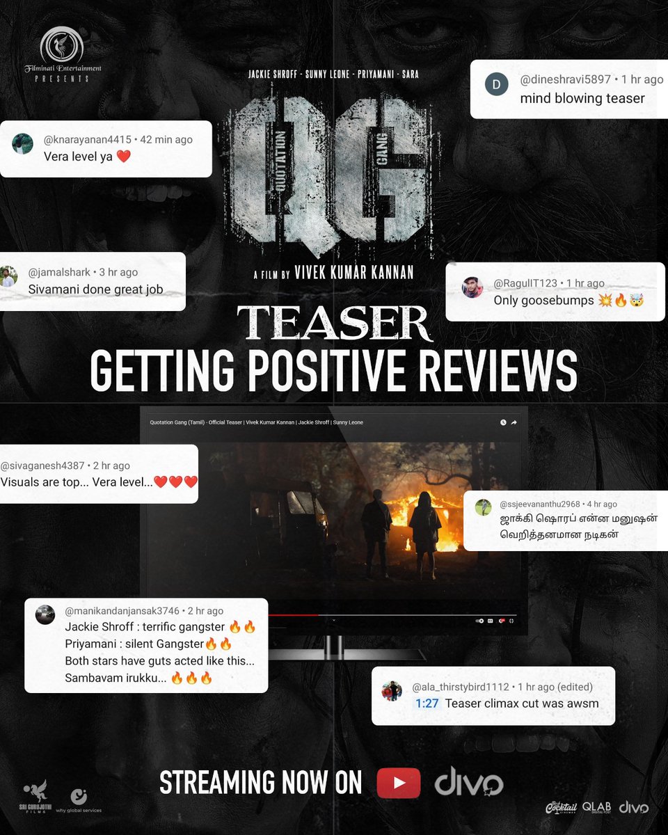 Anbazhagan Filmmaker (@diranbazhagan) on Twitter photo Terrific reviews for #QGtheMovie Teaser 🔥A Raw crime thriller
ICYMI ▶️ youtu.be/6ikvB0fLlN8
<a href="/vivekkumarknan/">Vivek</a> <a href="/I_m_Gayathri/">Gayathri Reddy</a> <a href="/Its_Filminati/">Filminati Entertainment</a> <a href="/WHYmedia1/">WHY Entertainment</a> <a href="/bindasbhidu/">Jackie Shroff</a> <a href="/sunnyleone/">Sunny Leone</a> <a href="/priyamani6/">Priyamani</a> <a href="/drumssivamani/">Sivamani</a> <a href="/Dop_arunbathu/">Dop. Arun Bathmanaban</a> <a href="/editorvencut/">Venkatramanan</a> <a href="/Itsjosephjaxson/">Joseph Jaxson</a> <a href="/donechannel1/">Done Channel</a> @CtcMediaboy Terrific reviews for #QGtheMovie Teaser 🔥A Raw crime thriller
ICYMI ▶️ youtu.be/6ikvB0fLlN8
<a href="/vivekkumarknan/">Vivek</a> <a href="/I_m_Gayathri/">Gayathri Reddy</a> <a href="/Its_Filminati/">Filminati Entertainment</a> <a href="/WHYmedia1/">WHY Entertainment</a> <a href="/bindasbhidu/">Jackie Shroff</a> <a href="/sunnyleone/">Sunny Leone</a> <a href="/priyamani6/">Priyamani</a> <a href="/drumssivamani/">Sivamani</a> <a href="/Dop_arunbathu/">Dop. Arun Bathmanaban</a> <a href="/editorvencut/">Venkatramanan</a> <a href="/Itsjosephjaxson/">Joseph Jaxson</a> <a href="/donechannel1/">Done Channel</a> @CtcMediaboy