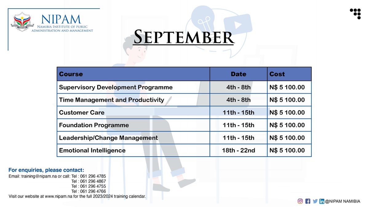 SEPTEMBER UPCOMING TRAINING COURSES | 
'The capacity to learn is a GIFT,  the ability to learn is a SKILL,  the willingness to learn is a CHOICE.' - Brian Herbert

MAKE THE RIGHT CHOICE, APPLY NOW!

#transformingthroughcapacitybuilding #traininganddevelopment #publicinstitute