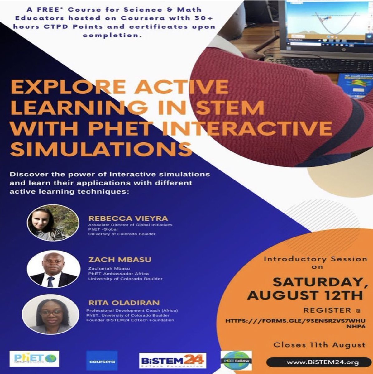 bistem24's tweet photo. Learning technology exploration is crucial for effectiveness in the dynamic field of education in Africa. 

BiSTEM-PhET CPD for educators starts on the 12th of this month with the #PhET #activelearning course intro &amp; onboarding on the Coursera platform 

https://t.co/mSYgzTIeS3 https://t.co/5Dpe4qYSG7