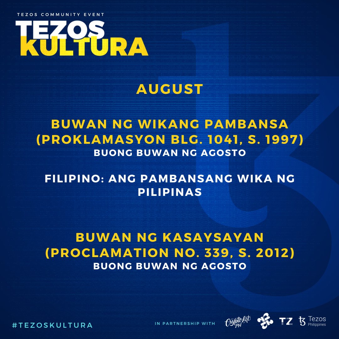 🎉TEZsup! 

🇵🇭Ang Agosto ay Buwan ng Wika at Kasaysayan! 

🇵🇭Patuloy nating pagyamanin natin ang Kultura, Wika, Kasaysayan, at Kabayanihan ng mga Pilipino! 

🇵🇭Sali na sa ating #TezosKultura. Makikita sa ating pinned post ang buong alituntunin para sa patimpalak na ito.
