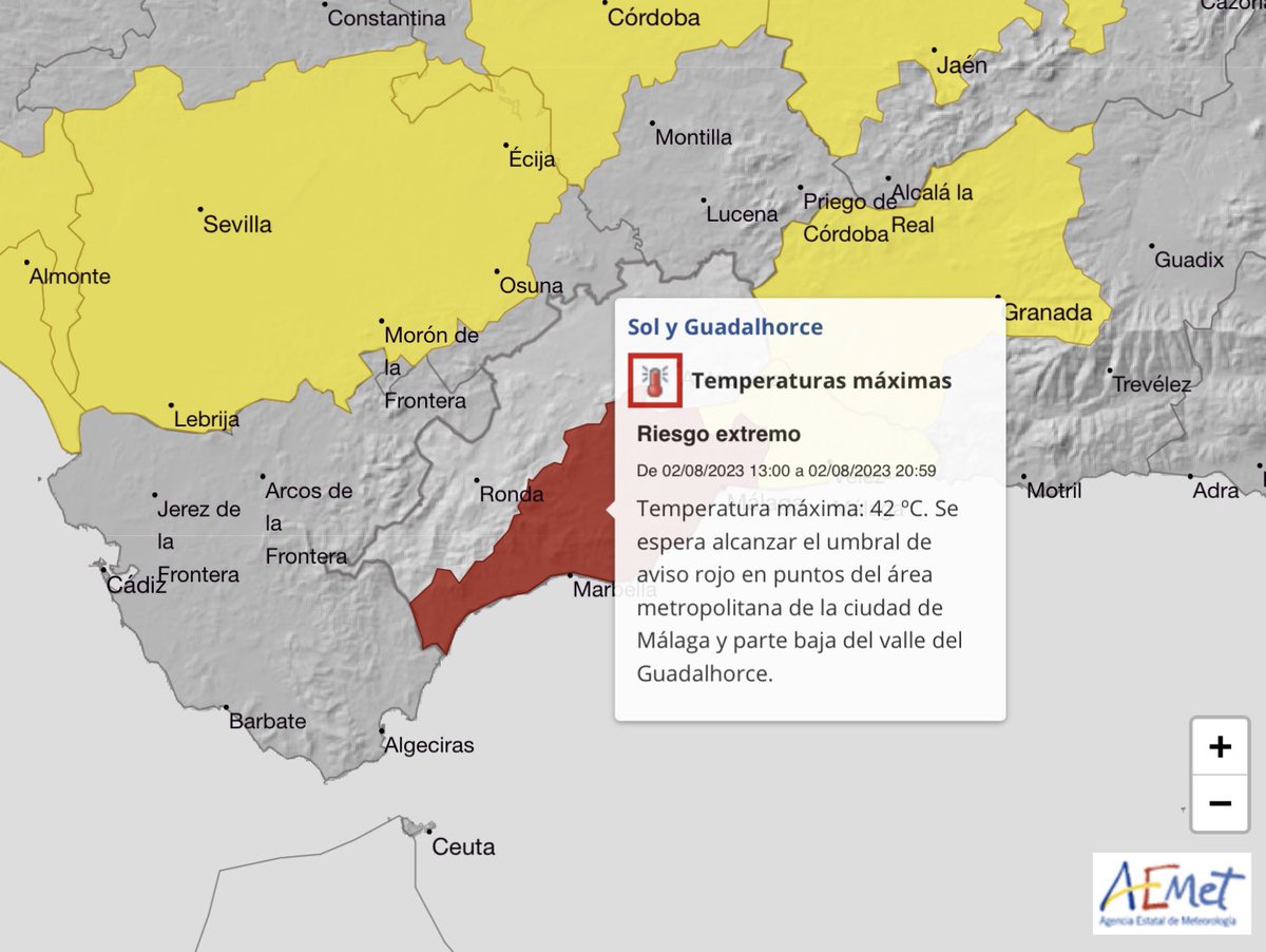 🔴‼️ #AEMET activa aviso #ROJO en #Sol y #Guadalhorce por #TemperaturasMáximas 🥵 desde las 13.00h hasta las 20.59h.

📌 Temperatura máxima: 42 ºC.

📲 Sigue fuentes oficiales
<a href="/AEMET_Esp/">AEMET</a> 
<a href="/AytoEstepona/">Ayto de Estepona</a>