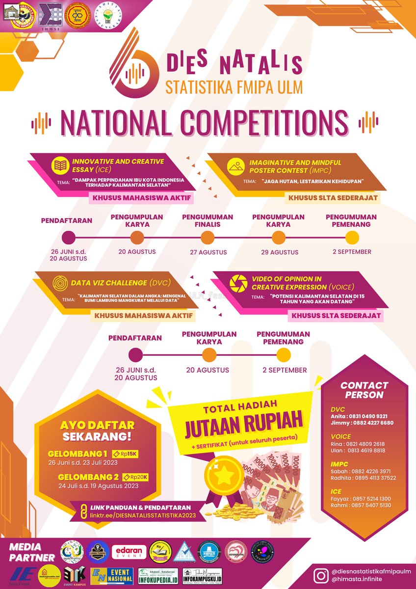 ULM_fess's tweet image. uyy! gas umpatan
🏆 [OPEN REGISTRATION: DIES NATALIS STATISTIKA VI NATIONAL COMPETITIONS] 🏆

Hallo kawan-kawan semuanyaa!!!👋

Dies Natalis Statistika FMIPA ULM Hadir kembali dengan semangat baru 🙌🏻 dengan tema “6 Years of Excellence: Reflecting (cont)