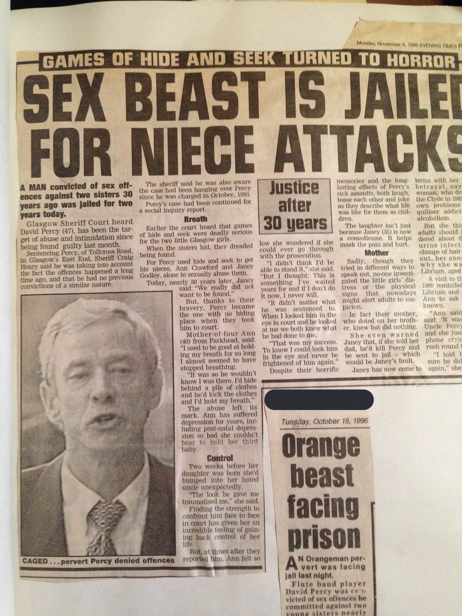 JaneyGodley's tweet photo. The man who sexually abused me when I was a child was 
white, far right, a homophobic unionist in the Orange Lodge- nicknamed by the press “Orange Beast” 
not a drag queen
Not an asylum seeker
Not a trans person 
He was my uncle 
He got two years in prison https://t.co/y1jTFKJMWl