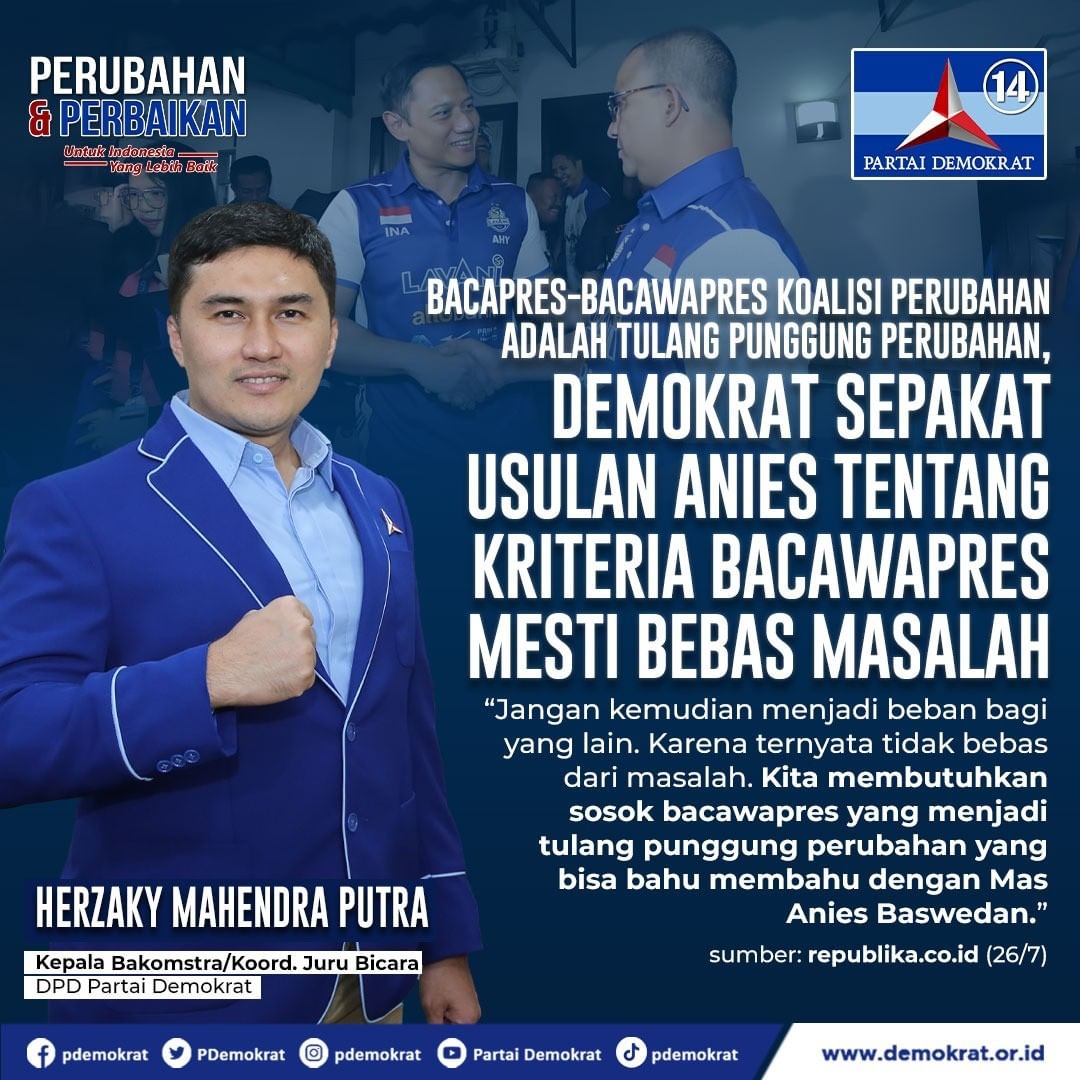 DemokratJaktim's tweet photo. "Jangan kemudian menjadi beban bagi yang lain. Karena ternyata tidak bebas dari masalah. Kita membutuhkan sosok bacawapres yang menjadi tulang punggung perubahan yang bisa bahu membahu dengan Mas Anies Baswedan."

Herzaky Mahendra Putra
Kepala Bakomstra DPP Partai Demokrat
Koord. https://t.co/atO3vsDd4n