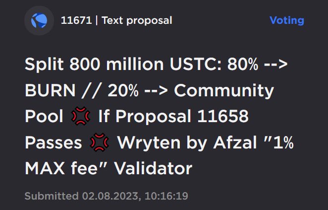 MAX_fee1's tweet photo. Our solution is about 800 million USTC. 

1. This money belongs to our community and we must return it under our control, for further disposal: Burn or Leave. Therefore, we vote YES to the proposal 11658.

2. The existing decisions about what to do with the money seem to us to be radical, so we put our proposal on what we should do with that money to the vote. 
Please check out our proposal: https://t.co/a7I33SsWVm

#LUNCcommunity #LUNC #LuncArmy #LUNCBURN
