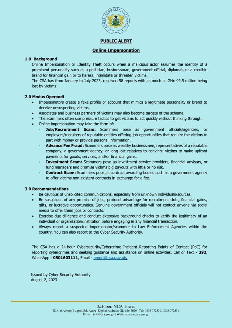 Public Notice 📢 📢 📢 Public Alert on Identity Impersonation in Ghana by @CSAGhana